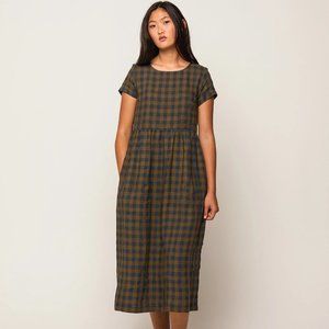 Pyne & Smith Model No.17 Dress in Olive Check Linen - Size Small